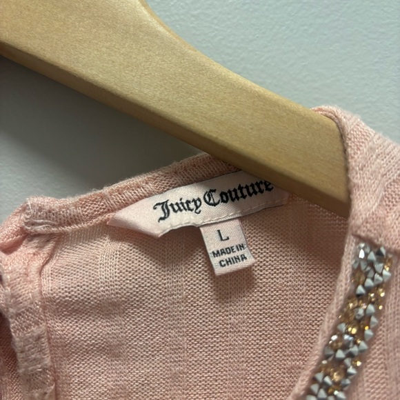 Juicy Couture Pink Ribbed Knit Top Embellished Jeweled Neckline Knotted - Picture 4 of 7
